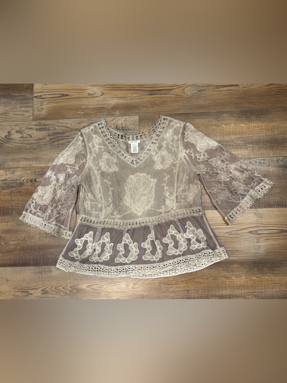 Ultra Pink Taupe Lace Embroidered Peplum Blouse flirty romantic date night